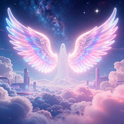 Digital art: glowing neon angel wings with pink and blue hues, soaring above a cityscape surrounded by fluffy clouds and a starry night sky.