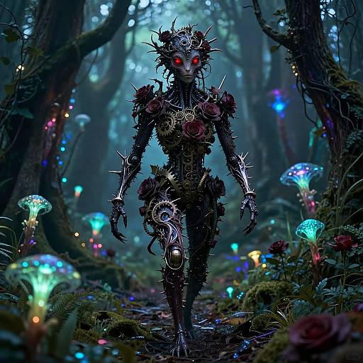 Digital art: Dark, eerie forest with glowing mushrooms, a red-eyed, spiky, black-clad, humanoid figure with intricate armor and floral adorn