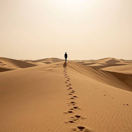 Photograph of a solitary figure walking on a footpath through endless golden sand dunes under a bright, sunlit sky.