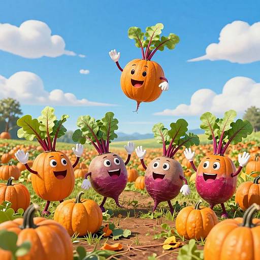 CGI cartoon image of five happy, orange and purple, pumpkin-like creatures with leafy tops, white gloves, and smiling faces, jumping in a