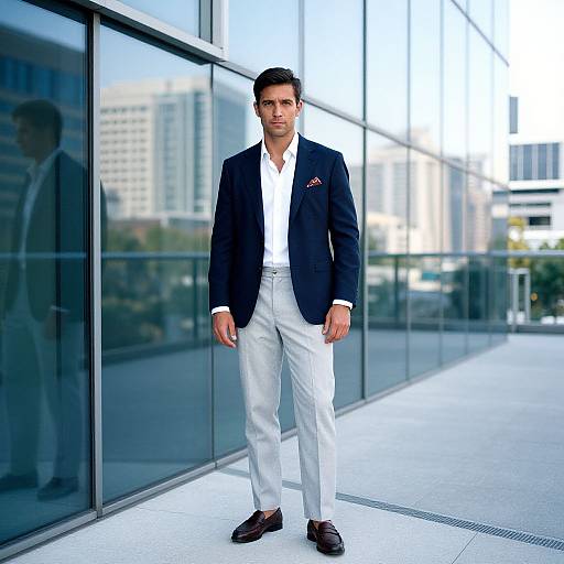 Photograph of a handsome man with short dark hair, wearing a navy blazer, white shirt, and white pants, standing confidently in front of a