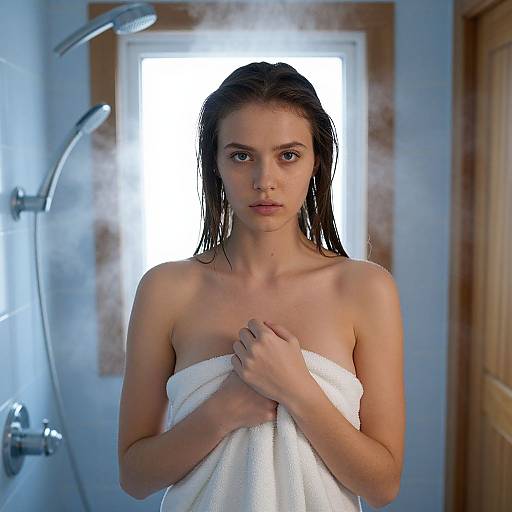 Photograph of a wet, young woman with fair skin and dark hair, standing in a bathroom, wrapped in a white towel, looking directly at the