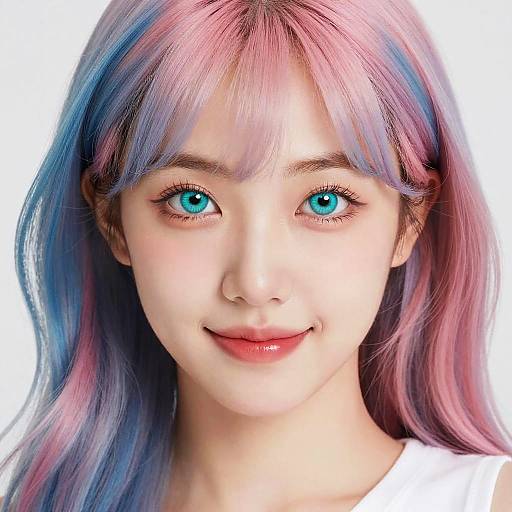 Photorealistic digital portrait of a young woman with vibrant pink and blue hair, bright blue eyes, and a soft smile, set against a plain white