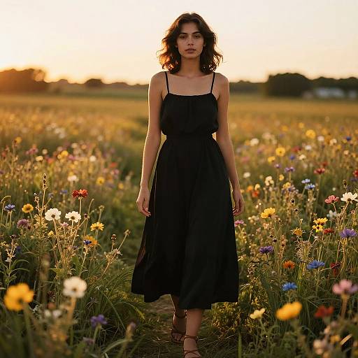 Photograph of a young woman with wavy dark hair, wearing a black sleeveless dress, standing in a sunlit field of colorful wildflowers at