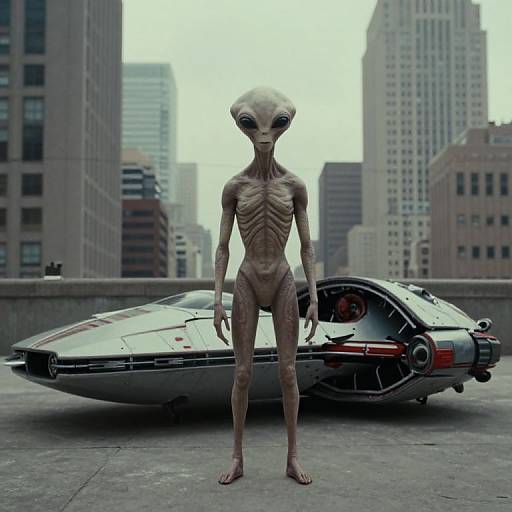 CGI image of a tall, slender, alien with gray skin, large head, and black eyes standing in front of a futuristic car in a city