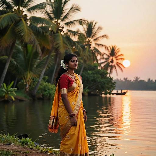 Kerala Girl in Saree by Backwaters