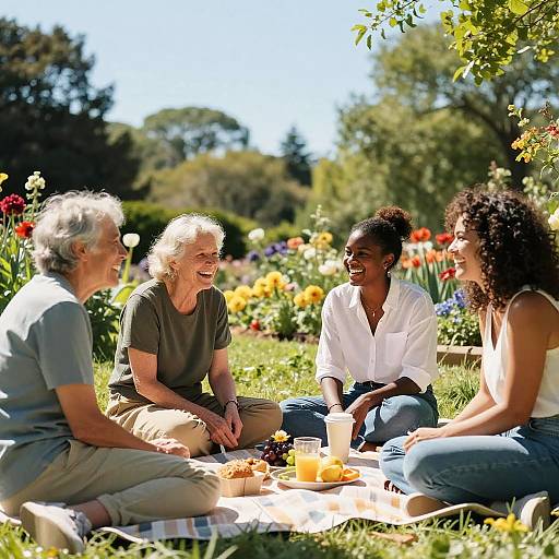 Photograph of four women, diverse ages and ethnicities, sitting on a blanket in a sunny garden, laughing and enjoying a picnic with colorful flowers in