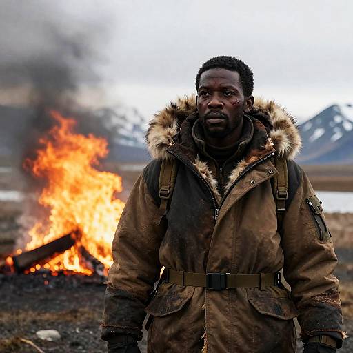 Survivor in Rugged Arctic Expedition Gear by Fire