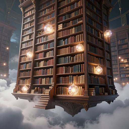 Photorealistic CGI of a floating, towering wooden bookshelf filled with books, illuminated by glowing orbs, surrounded by clouds.