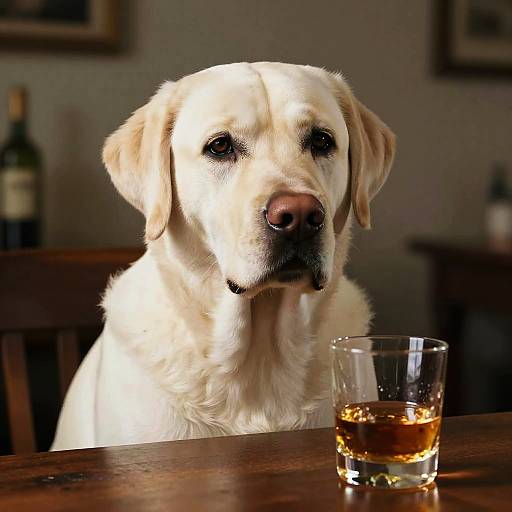Photograph of a yellow Labrador Retriever with soft, white fur, gazing intently at a glass of amber whiskey on a wooden table in
