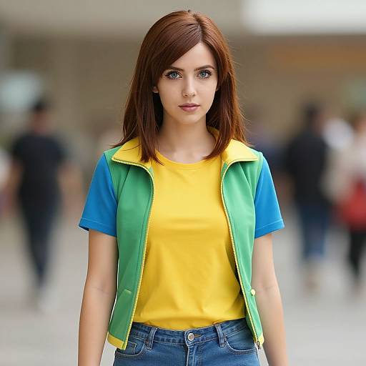 Photograph of a young woman with straight brown hair, wearing a yellow shirt, blue sleeves, and green vest, standing in a blurred urban background.