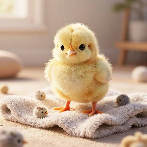 Photograph of a fluffy, yellow chick with black eyes standing on a soft, gray rug with small chicks scattered around, bathed in warm sunlight.