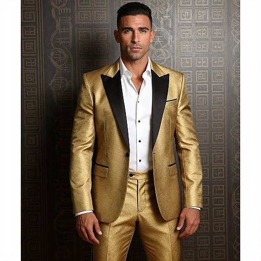 Photograph of a handsome man with short, dark hair, wearing a shiny gold suit with black lapels, white shirt, standing against a patterned