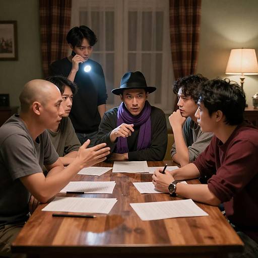 Group of Men Discussing Around Table with Flashlight