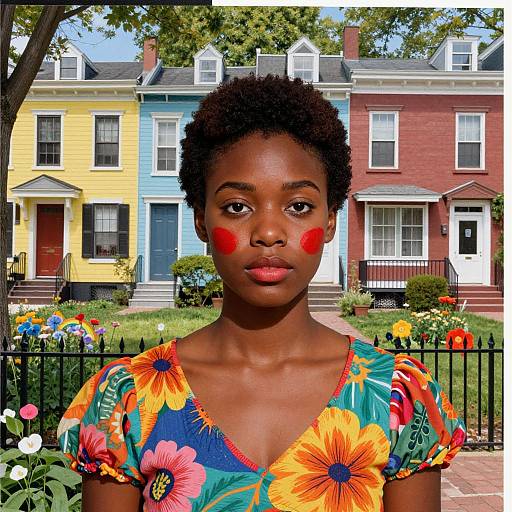 Photograph of a young Black woman with short curly hair, wearing a colorful floral dress, red blush on cheeks, standing in front of vibrant, multi