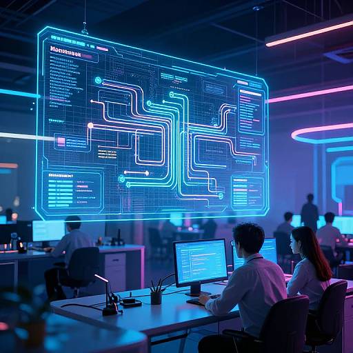 Photograph of a neon-lit tech office with glowing blue circuit board display, two seated workers, and vibrant neon lights.