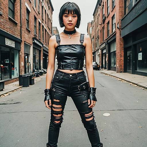 Woman in Black Pleather Outfit on City Street