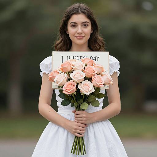 Photograph of a young woman with fair skin and dark brown hair, wearing a white dress, holding a bouquet of peach roses with a 