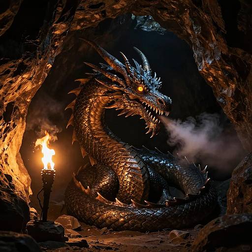 Realistic Dragon in Dark Cave with Torchlight