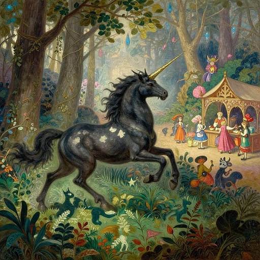 Whimsical digital painting: Black unicorn with white stars gallops through enchanted forest, surrounded by fairy tale characters and colorful tents.