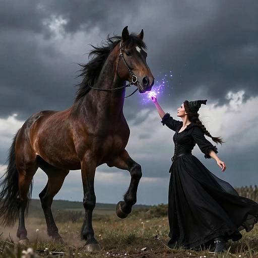 Mystical photograph: Dark-haired witch in black dress and hat casts purple magic spell on standing, powerful brown horse under stormy sky.