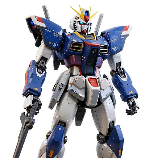 Photorealistic digital illustration of a blue, white, and red robotic mecha with angular armor, yellow head crest, and large guns, standing against