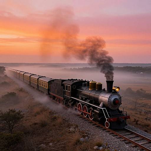 Photograph of a vintage black steam locomotive with billowing smoke, pulling yellow passenger cars through a misty, rural landscape at sunset.