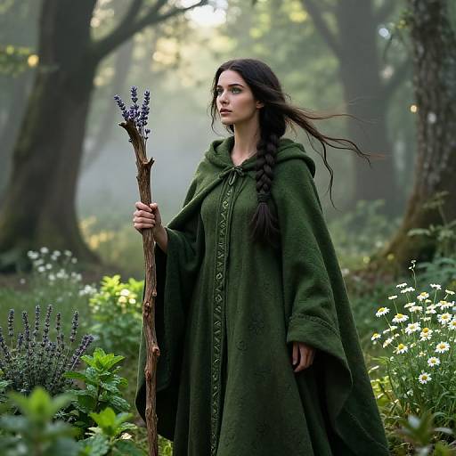 Photograph of a young woman with long braided dark hair, wearing a green cloak, holding a staff with lavender, standing in a misty forest