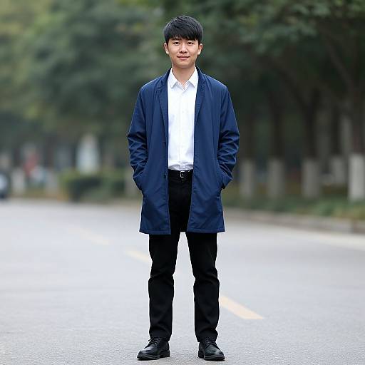 Photograph of a young Asian man with black hair, wearing a navy jacket, white shirt, black pants, and black shoes, standing on a blurred