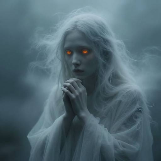 Photograph of a ghostly, pale-skinned woman with long, white, disheveled hair, glowing orange eyes, and translucent, flowing robes