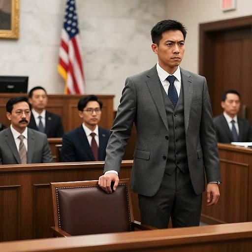 Intense Courtroom Scene with Asian Man
