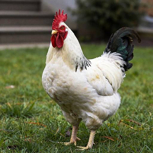 Fluffy White Rooster on Green Grass