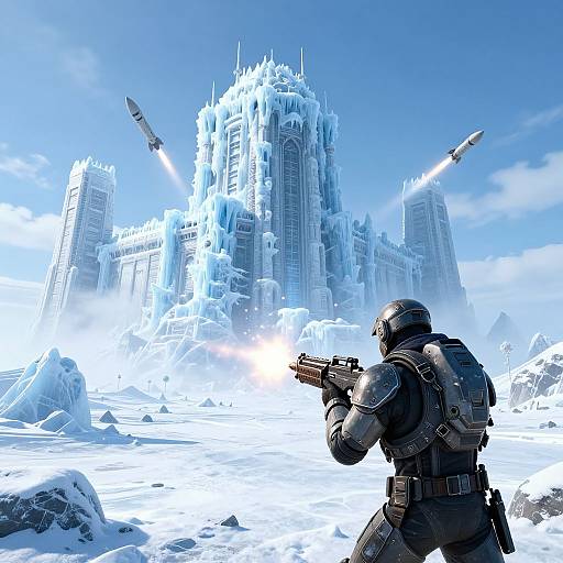 Sci-fi soldier in black armor fires gun at ice-covered, towering futuristic castle with three missiles launching, under bright blue sky. Digital artwork.
