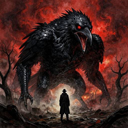 Menacing Crow Creature in Apocalyptic Landscape