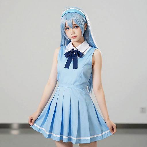CGI image of an anime-style girl with blue hair, wearing a light blue sleeveless dress, navy bow, and white trim, standing against a