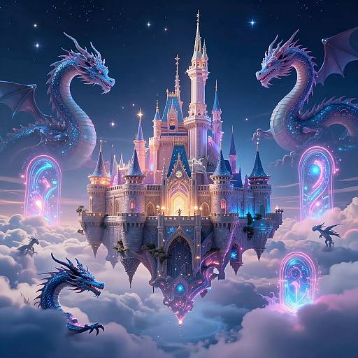 Futuristic Floating Castle with Dragons