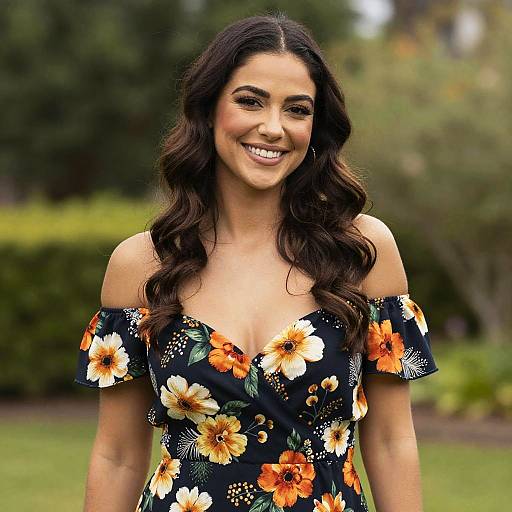 Photograph of smiling woman with long, wavy dark hair, wearing an off-shoulder black floral dress with orange and white flowers, standing outdoors