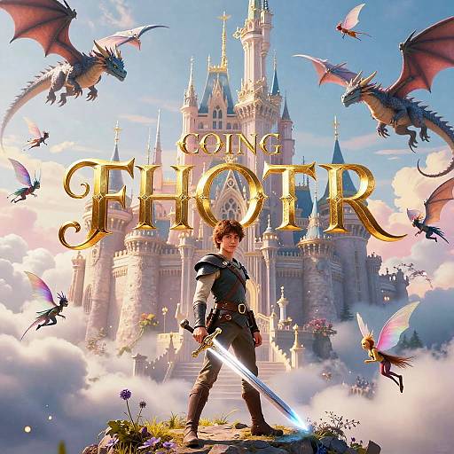 Digital artwork of a brave knight with a glowing sword, standing before a magical castle surrounded by flying dragons and colorful butterflies. 