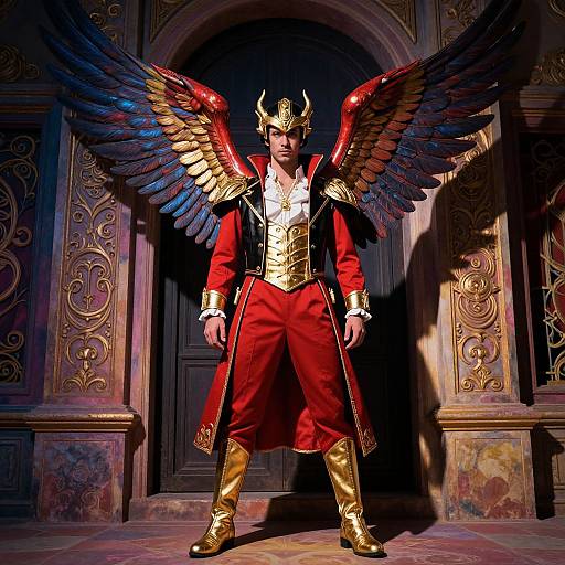 Photograph of a man with golden crown, red and gold outfit, and large, red and black feathered wings, standing in ornate, dark