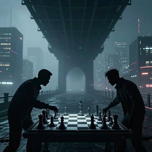 Cyberpunk Chess Match Under Bridge