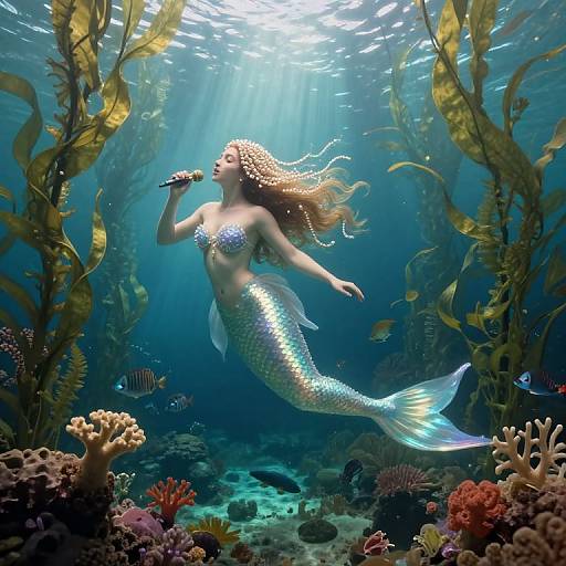 Photorealistic digital art: A shimmering mermaid with blonde hair and iridescent scales, swimming underwater, surrounded by colorful coral and seaweed
