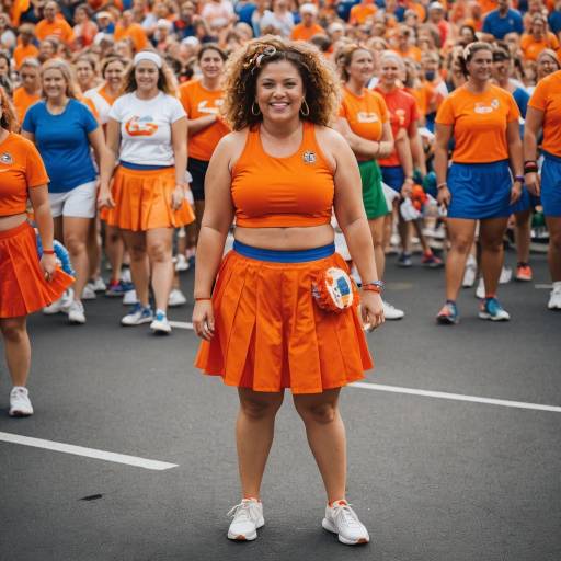 Cheerleader in orange outfit with crowd