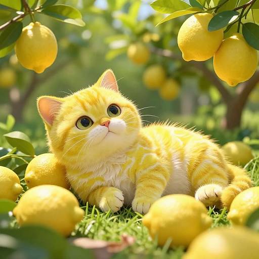 Photograph of a fluffy, yellow-orange tabby kitten with wide green eyes, lying among bright yellow lemons on a sunlit grassy orchard