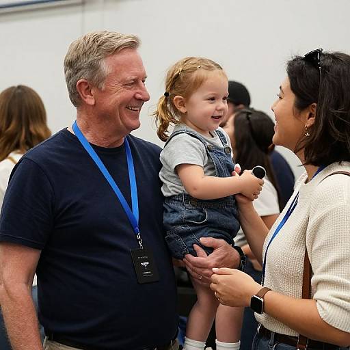 Photograph of a smiling elderly man with gray hair, holding a laughing blonde toddler in denim overalls, interacting with a woman in a white sweater and