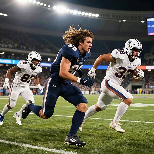 Photograph of an NFL game: Brown-haired player in navy uniform, number 47, sprints past two white-uniformed players, numbers 