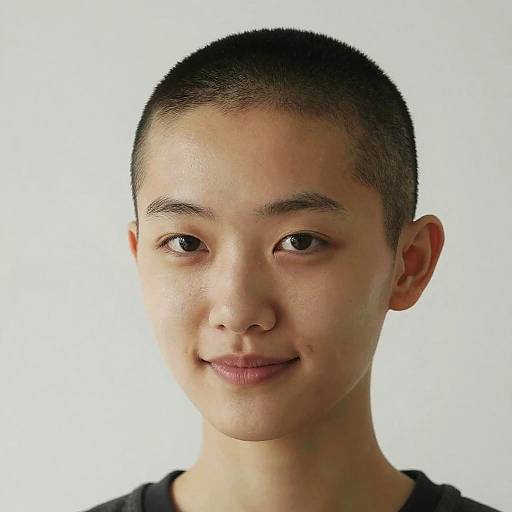 Photograph of a young Asian boy with short black hair, smooth skin, small smile, and brown eyes, wearing a black shirt, against a plain