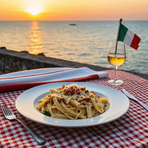 Italian Pasta Carbonara at Seaside Sunset