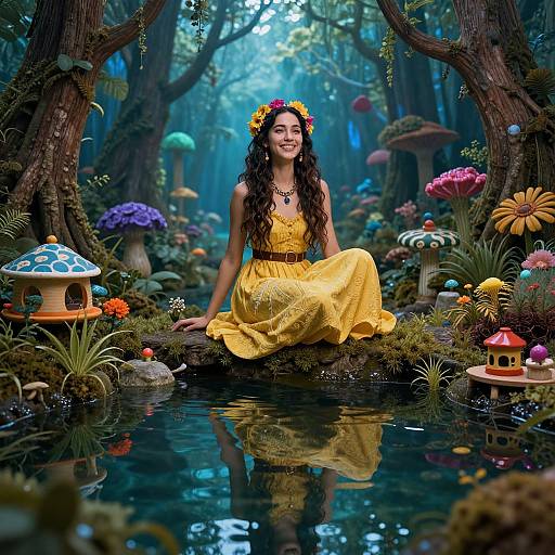 Photograph of a smiling woman with long curly hair and a yellow dress, wearing a flower crown, seated on a mossy rock in a vibrant,