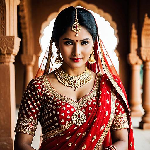 Indian Bride in Traditional Red and Gold Saree