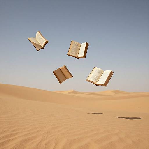 Digital illustration of four open books floating in a clear blue sky above golden sand dunes, casting soft shadows on the desert.
